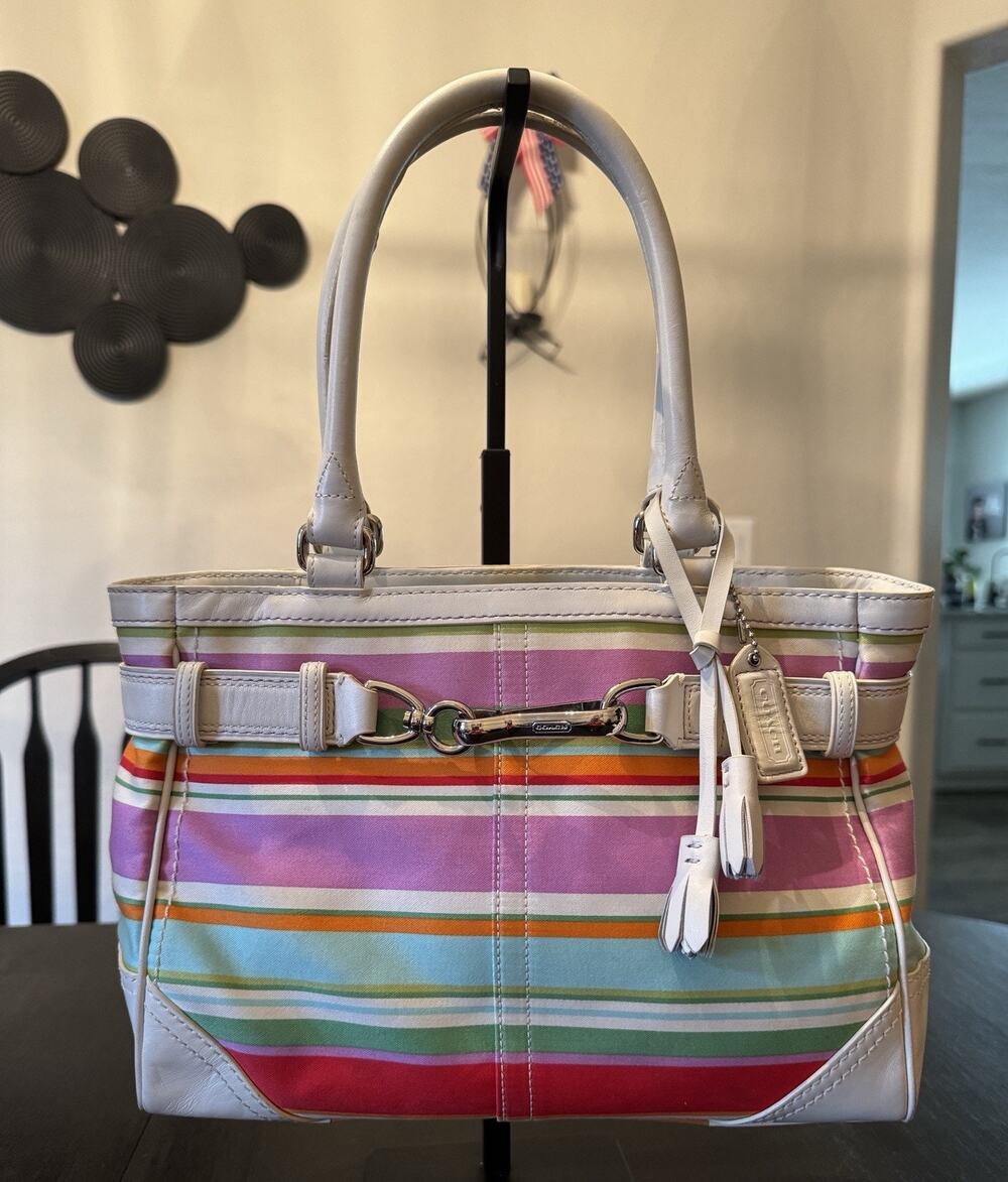 Coach Hampton Satchel Multicolored Striped Canvas And White Leather Trim